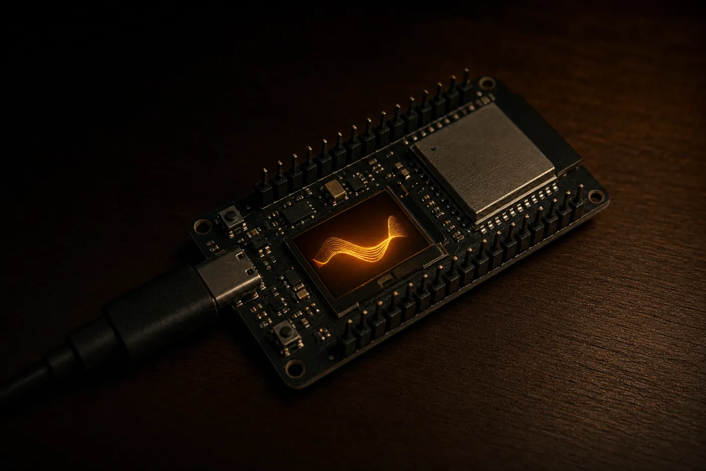 A small ESP32 development board on a dark desk at night, USB-C cable attached, its little display glowing amber in an otherwise unlit room